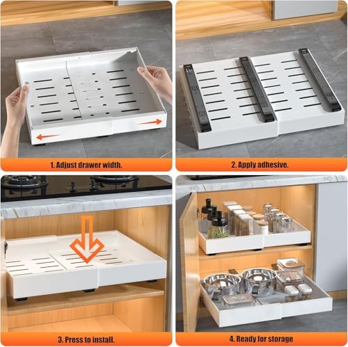 DEKAVA 4 Pack Pull Out Cabinet Organizer Expandable, Adhesive with Nano Film, Pull Out Drawers for Cabinets in Kitchen, Pantry or Bathroom (White, 21“DEEPX[12"-20'']Width-4PACK) - Image 4