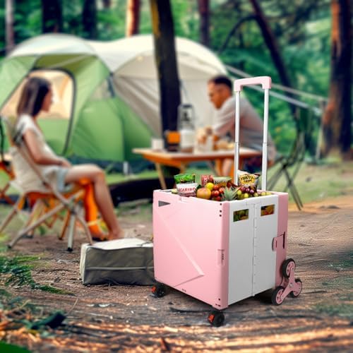 76L Folding Utility Cart Portable Rolling Crate Handcart Shopping Collapsible Tool Box with Stair Climbing Wheels,Hidden Lid,2 Rotate Wheels,for Grocery,Shopping,Office,Storage(Pink-White) - Image 3