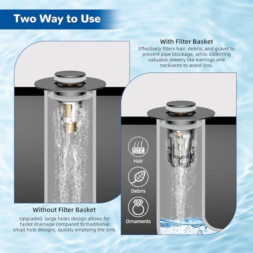 Hibbent Upgraded 3 in 1 Bathroom Sink Drain Strainer, Pop Up Stopper - Image 3