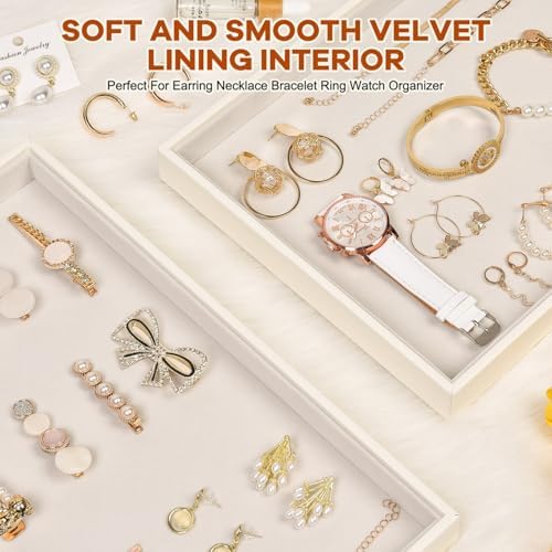 Beige Velvet Jewelry Tray for Drawers Black Jewelrys Display Tray Stackable Jewelry Organizer Trays for Necklace Bracelet Ring Watch (2 Pack) - Image 2