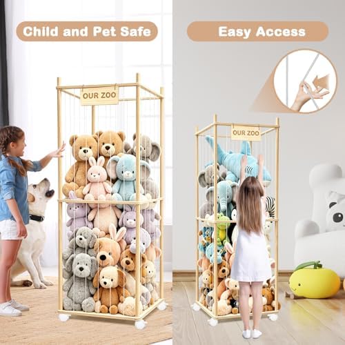 Stuffed Animal Storage, Wood Stuffed Animal Zoo Storage with Brake Wheels, Space Save Toy Organizer, Large Capacity Stuffed Animal Holder, Perfect for Nursery Playroom Kidroom Bedroom-63 Inch - Image 5