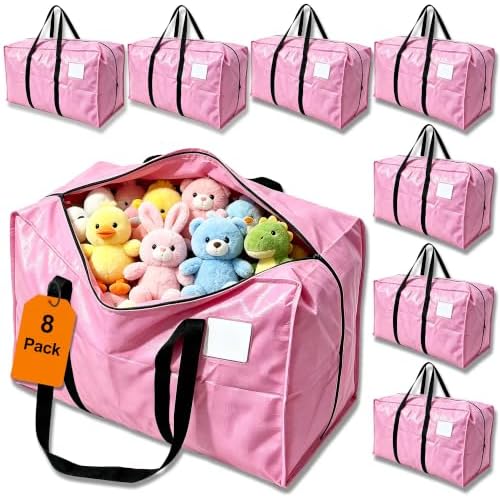 24 GAL Heavy Duty Moving Bags Pink 8 Pack - Backpack Straps & Handles, Large Zipper Storage Bags for Clothes, Water-Resistant College Dorm & Moving Essentials by JVLJVL