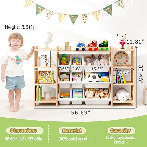 MallBest 57" Extra Wide Toy Storage Organizer and Kids Bookshelf, Solid Pine Wood Frame Playroom Organizer with 9 Bins, 4-Tier Toy Organizer for Kids Room, Nursery and Bedroom, Natural - Image 3