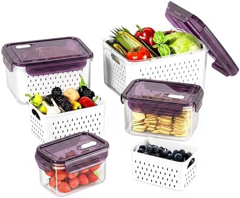 Fruit Storage Containers for Fridge with Removable Colander, Food Storage Containers with Lids, Dishwasher & Microwave Safe, Keep Berry Fruit Vegetable Meat Fresh Longer (Clear Body/Purple Lid) by Unknown