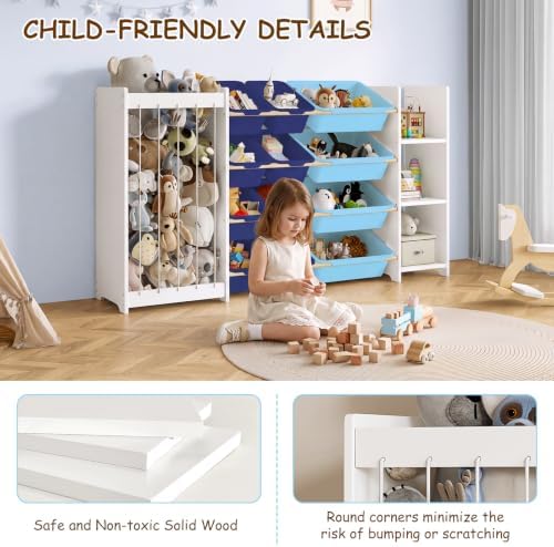 EXPERLAM 3-in-1 Kids Toy Storage Organizer, White Solid Wood, Blue Bins - Image 3
