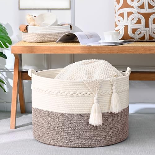 67L Large Blanket Basket, 20"x13" Woven Storage Baskets With Handle, Cotton Rope Blanket Basket Living Room, Baby Laundry hamper for Blanket, Nursery, Toy, Pillow (White & Oatmeal) - Image 4