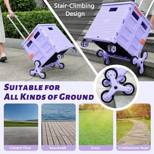 Foldable Utility Cart Collapsible Portable Crate Rolling Carts with Stair Climbing Wheels Tote Basket with Magnetic Lid Telescopic Cover Wear-Resistant 360°Rotate Wheel Noiseless for Shopping Office - Image 3
