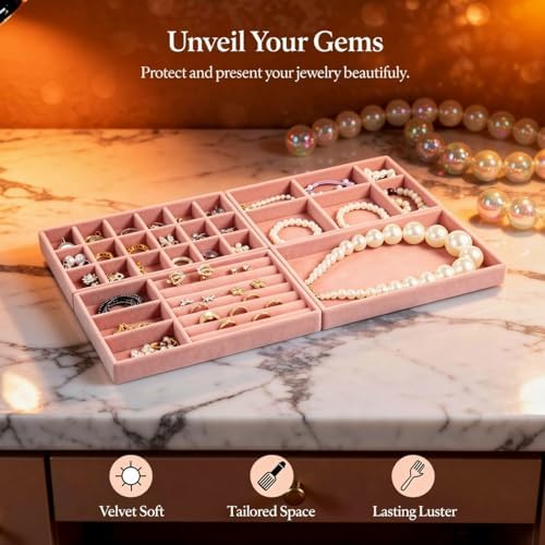 8 Pcs Jewelry Drawer Organizers, Velvet Jewelry Trays for Drawer, Stackable Jewelry Trays, Ideal for Rings, Earrings, Bracelets, Necklaces, Pink - Image 3
