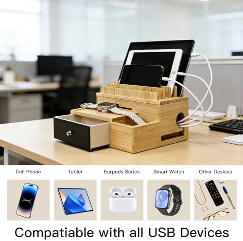 Bamboo Charging Station Organizer with Drawer and Pen Holder - Image 4