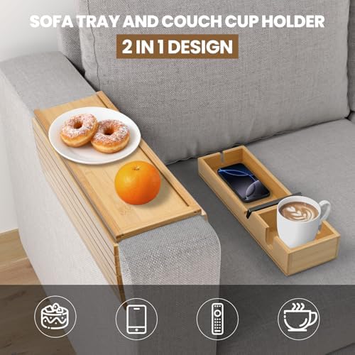 Bamboo Sofa Armrest Tray - Couch Arm Tray with Detachable Couch Cup Holder - 2 in 1 Anti-Slip Foldable Sofa Armchair Caddy Table - Cup Holder for Drinks Cellphone Snacks, Remote - Image 2