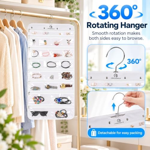 Freegrace Hanging Jewelry Organizer, 25 Zippered Pockets, 23 Necklace Hooks - Image 5