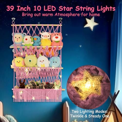 3 Tier Hanging Stuffed Animal Storage Shelf, 24x39 Inch Plushy Net,Pink - Image 5