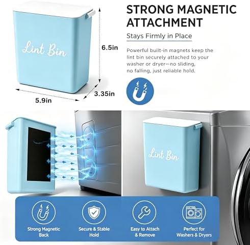Magnetic Lint Bin with Lid for Laundry Room, Compact Plastic Dryer Lint Holder, Small Laundry Trash Container for Dryer Lint & Used Dryer Sheets, Space Saving Storage Decor Organizer (Blue) - Image 2