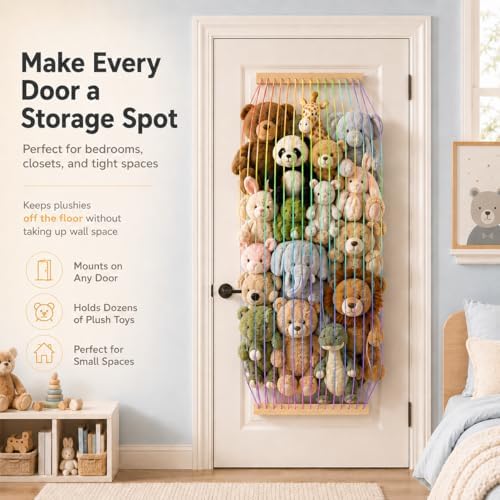 Stuffed Animal Storage Wood Soft Toy Organizer for Kids Room，Cute and Durable Wall or Door Mount Length Adjustable Hanging Stuffed Animal Toy Organizer Shelf for Nursery Play Room Rainbow -Patent - Image 4