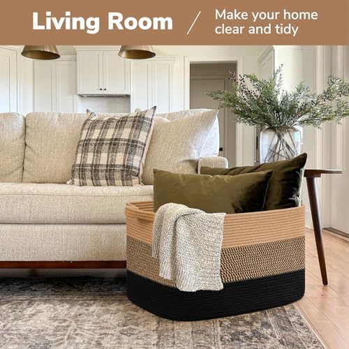Goodpick 75L Large Woven Blanket Basket, 22" x 17" x 12", Black & Jute - Image 2