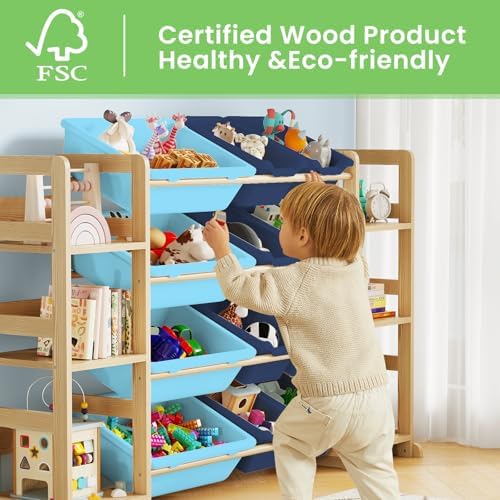 EXPERLAM Extra Large Toy Storage - Toy Storage Organizer, Wooden Toy Organizer with 6 Side Shelves and 12 Bins, 3-in-1 Bookshelf for Kids Rooms, Playroom, Nursery, Blue - Image 3