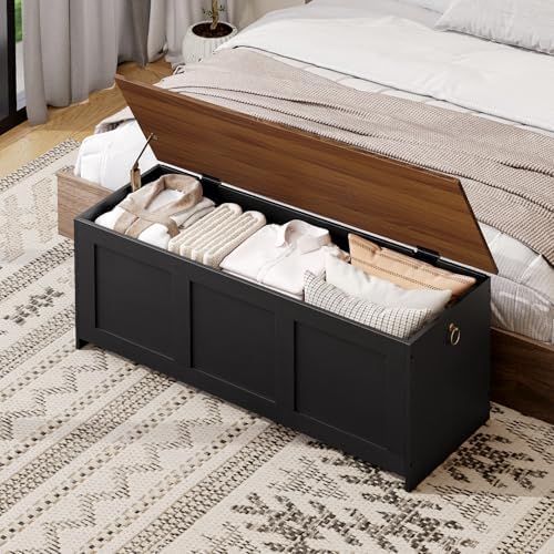 HOOBRO 47.2" Large Storage Bench, Retro Storage Chest with Safety Hinge, Wooden Storage Trunk, Toy Chest with Lift Top for Bedroom, Living Room, Entryway, Black and Walnut BH412CW01 - Image 4