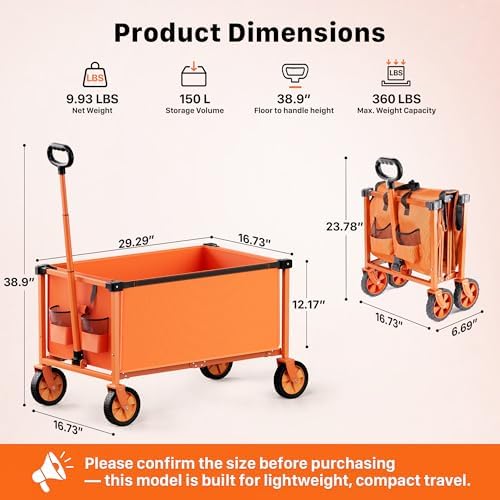 29.3" Collapsible Wagon Cart, 150L Heavy Duty Folding Utility Wagon with Wheels, 260 lbs Load, Portable Rolling Cart for Garden, Shopping, Sports, Camping, Orange - Image 3