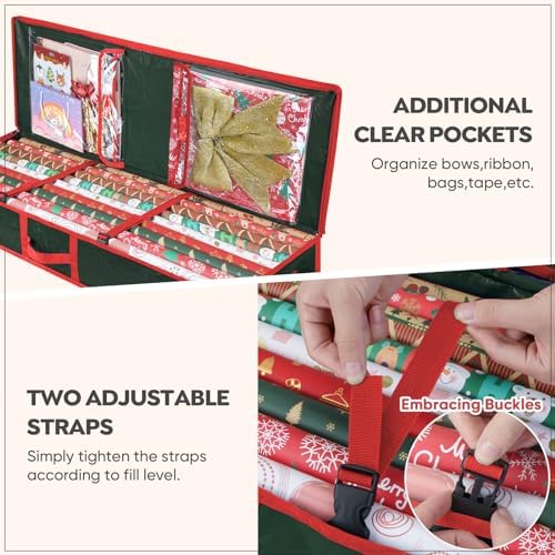 BALEINE Soft Christmas Wrapping Paper Storage Bag, 40" Durable PE Gift Wrap Storage Bag with Flexible Partitions and Pockets for Ribbon, Accessories (Green) - Image 2