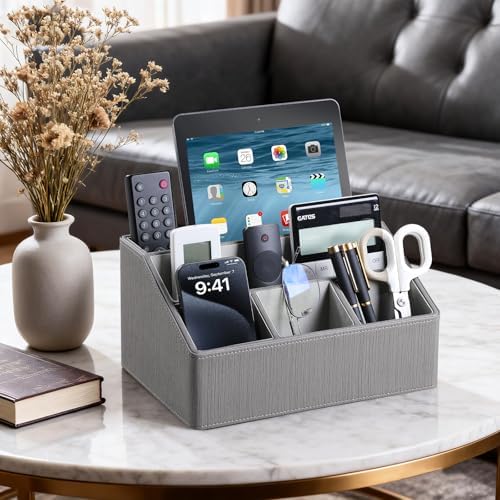 PU Leather Desk Organizer, Remote Control Holder (Grey) - Image 2