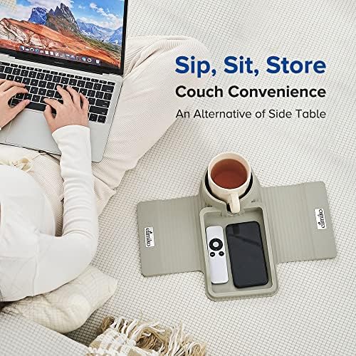 Couch Cup Holder Tray, Elimiko Silicone Sofa Drink Holder with Large Cup Holder and Tray, for Oversized Mugs/Long Remote/Snacks/Cellphone (Griege) - Image 2