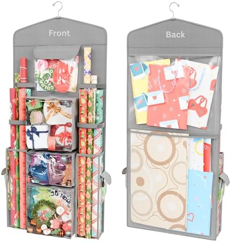 ProPik Hanging Double Sided Christmas Gift Wrapping Paper Storage Organizer With Multiple Pockets Organize Your Gift Wrap, Gift Bags Bows Ribbons 40"X17" Fits 40 Inch Rolls Clear PVC Bag 1 Unit (Grey) by ProPik