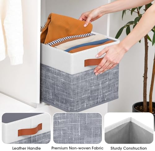 Fab totes Collapsible Storage Baskets for Shelves,14"x10", 4 Pack Foldable Fabric Storage Bins with Double Leather Handles, Large Baskets for Organizing Books, Clothes, White & Grey - Image 3