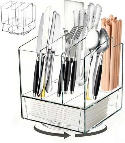 Cididu Acrylic Utensil Holder 360 Rotating, 2 Tier Silverware Organizer with Napkin Storage, Space Saving Countertop Caddy for Kitchen Table, Party, Holds Forks, Spoons, Knives, Napkins, 6.7''x7.8'' by Cididu