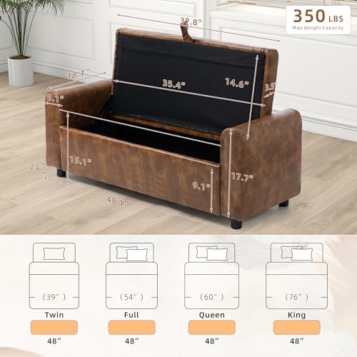 48" Ottoman with Storage, Tufted Storage Ottoman Bench, Convenient Living Room Fabrics Bench Seat, Entryway Shoe Benches with Inner Zipper & Arm, Rivetless Upholstered Window Seat Ottomans, Brown - Image 2