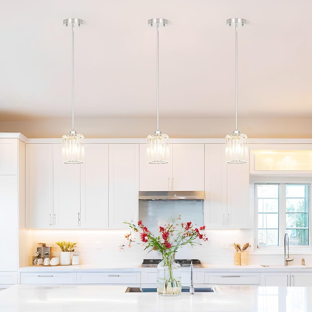 Chrome Kitchen Pendant Lights Over Island with Adjustable Rods - Crystal Pendant Lighting Fixtures for Sloped Ceiling, Ideal Over Dining Table or Bar, E26 Bulb Compatible, No Electrician Needed