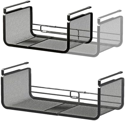 Expandable Under Shelf Basket Organizer, Under Shelf Storage, Hanging Baskets Under Cabinet for Pantry Kitchen Cupboard Desk Counter Bookshelf Space Saver Heavy Duty Slide-in (Black, 2 Pack) by Janebert