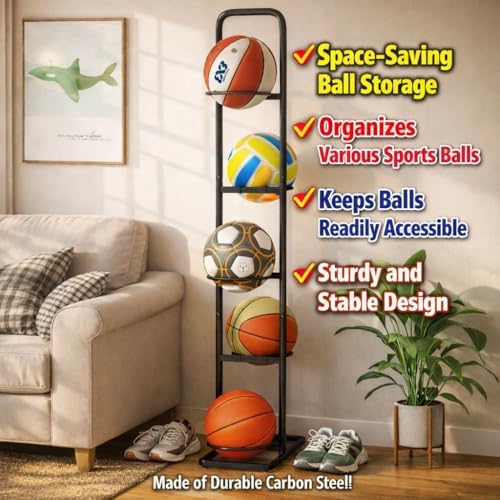 Vertical Ball Rack -basketball rack- Durable Carbon Steel Storage for Basketball, Soccer, Volleyball, and More - Easy to Assemble, Waterproof, Sturdy - 56.7" H - Image 7