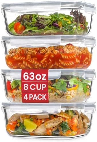4 Pack 8 Cups/ 63oz Large Glass Storage Containers with Lids, Meal Prep Containers, Glass Food Storage with Airtight Lid for Baking, Leak Proof & Microwave, Oven Safe (4 Containers + 4 Lids) by Unknown