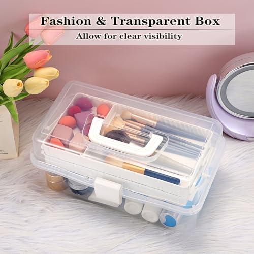 BTSKY 3-Layer Clear Plastic Dividing Storage Box Craft Organizer and Storage with Adjustable Spacers Portable Handled Art Supply Organizer Multipurpose Home Utility Box Sewing Organizers(Beige White) - Image 4
