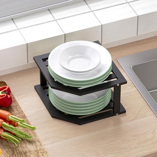 VERTORGAN 2 Tier Bamboo Plate Organizer,Corner Shelf for Kitchen(Black) - Image 4