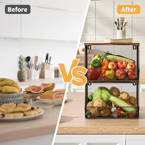 Litwaro Fruit Basket Wire Baskets with Wood Lid, Wall Mounted Produce Basket for Snack, Fruit and Vegetable Storage, Countertop Onion and Potato Storage, 3 Pack Stackable Kitchen Counter Organizer - Image 3