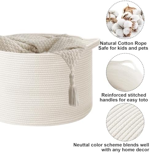 65L Large Blanket Basket,Woven Rope Laundry Basket-White - Image 3