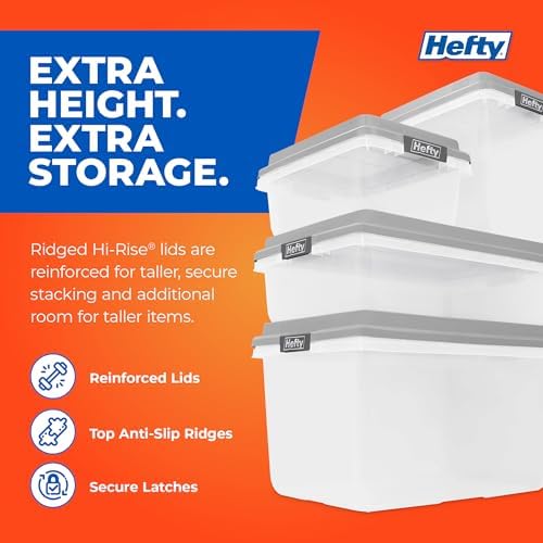 Hefty 113 Qt Hi-Rise Storage Bin with Lid, Stackable Plastic Storage Container, Organizer for Home, Garage & Closet, 4 Pack, Gray - Image 2