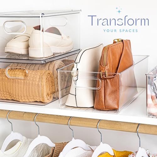 Plastic Food Storage 4 Pack Clear Container Bin with Handles for Organizing Kitchen, Pantry, Refrigerator, Freezer, Pantry, Cabinet, Closet, Bathroom. 16”x8”x5” - Image 2