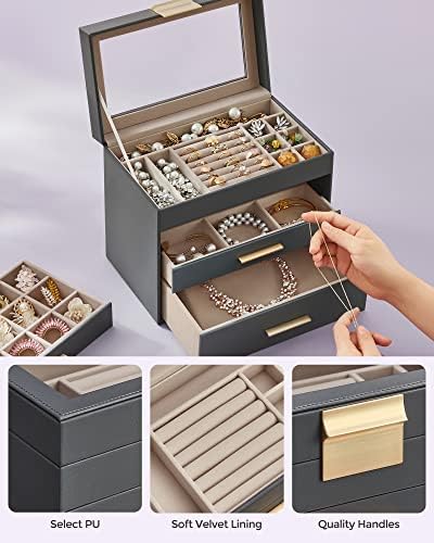 SONGMICS Jewelry Box Organizer, 4-Layer Storage with 3 Drawers, Glass Lid - Image 5