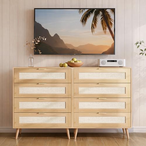 4-Drawer Rattan Tall TV Stand, Wooden TV Console - Image 5
