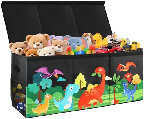 Extra Large Kids Toy Box, Foldable Toy Organizer with Dividers & Lids, 148L Dinosaur Storage Bin for Toddlers Boys Girls, Collapsible Chest for Toys, Books, Bedroom, Playroom, Nursery Black by Unknown