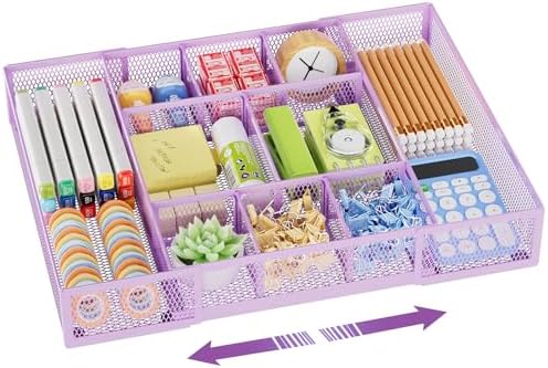 Marbrasse Expandable Desk Drawer Organizer, Mesh Drawer Organizer Tray with 10 Adjustable Compartments, Desk Organizers and Accessories for Office Supplies, Makeup & Vanity (Expandable-Purple) by Marbrasse