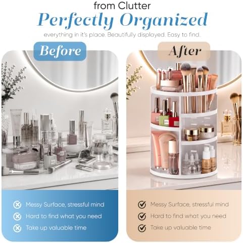 Masirs 360 Rotating Makeup Organizer Countertop, Adjustable Shelf, White - Image 7