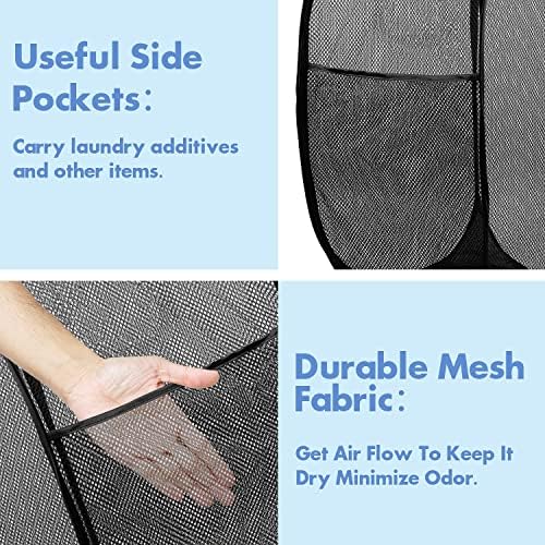 Pop Up Laundry Hamper, 70L Collapsible Mesh Basket with Side Pocket, Black - Image 4