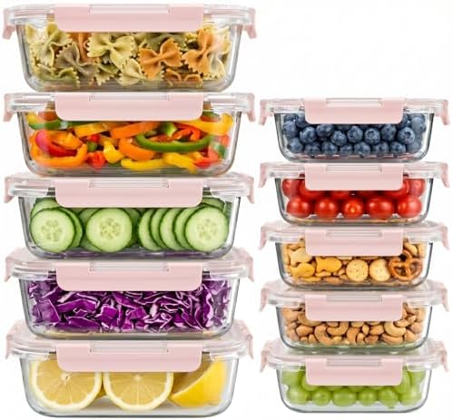 Dealusy 10 Sets 36 oz & 12 oz Glass Food Storage Containers with lids, Pink by Dealusy