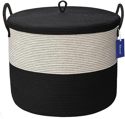 21" x 18"Extra Large storage baskets,Eco-friendly rope baskets with lid,blanket basket living room with lid,hampers for bedroom,big,round, Black 115L by Echueuey