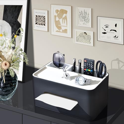 PU Leather Tissue Box Cover Rectangular with Storage Organizer Tray, Multifunctional Remote Control Holder, Desk Organizer for Living Room, Bedroom, Office, Decorative Tissue Holder Black - Image 4