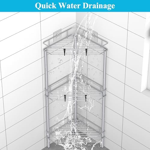 HuggieGems Metal Floor Standing Corner Shower Caddy, Silver, 3 Tier - Image 6