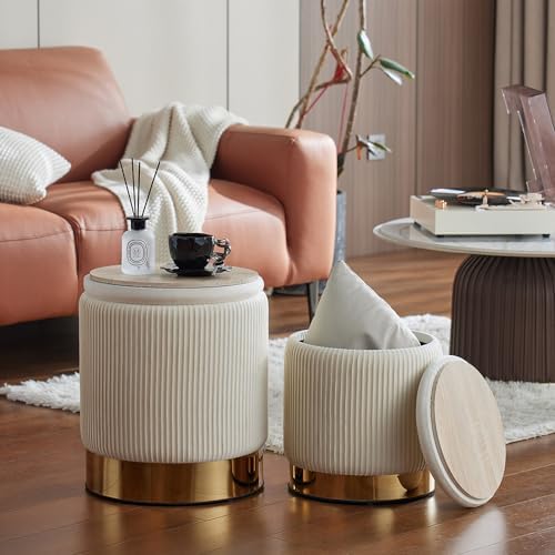 YYW HOME Round Ottoman with Storage Set of 2 White Vanity Stool Foot Rest - Image 2